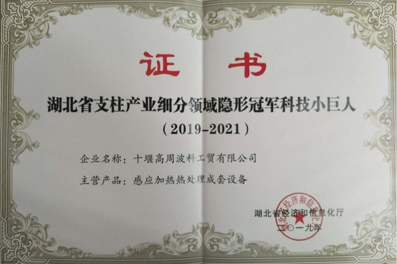 2019年感应加热热处理成套设备获得湖北省支柱产业细分领域隐形冠军科技小巨人