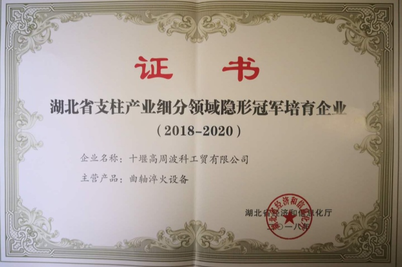2018年曲轴淬火设备获得湖北省支柱产业细分领域隐形冠军培育企业